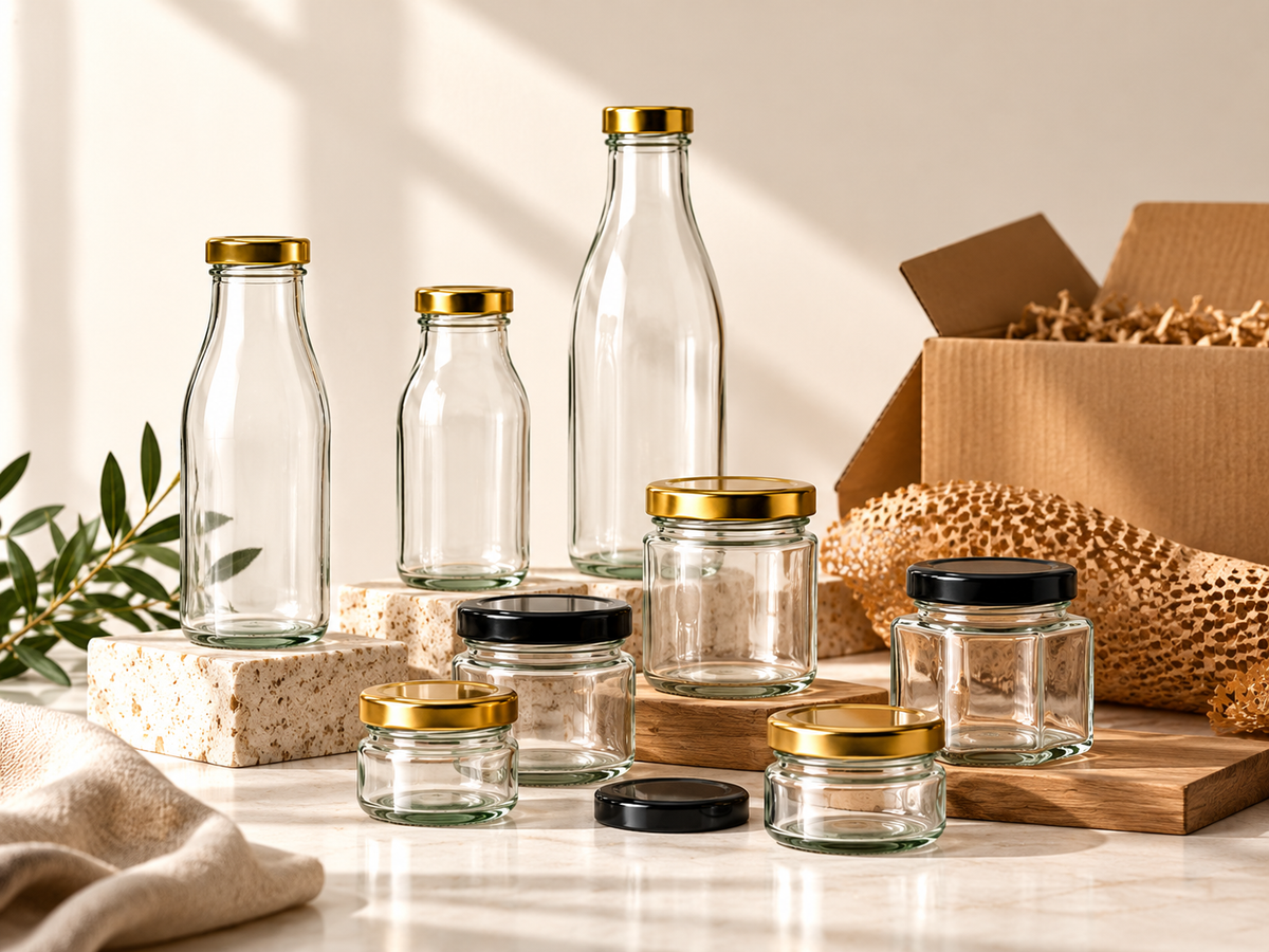 Glass bottles and jars displayed on stone plinths